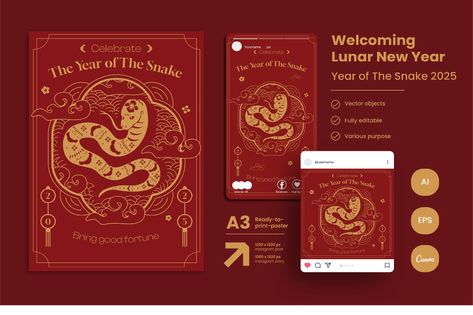 Happy Lunar New Year of The Snake Poster 2025, Print Templates ft. lunar & year - Envato Lunar New Year Poster, Snake Poster, Lunar Year, Happy Lunar New Year, Music Web, New Years Poster, Year Of The Snake, Food Garnishes, Get Happy