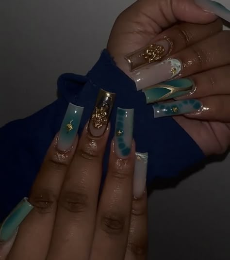 Brown And Blue Acrylic Nails, Blue And Brown Nails, Teal And Gold Nails, Teal French Tip Nails, Nails Aesthetics, Bedazzled Nails, Freestyle Nails, Fye Nails, Flare Nails