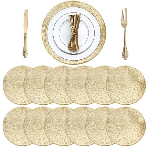 PRICES MAY VARY. Include 12 pack gold round metallic vinyl placemats, made of high quality PVC, well made, very durable. Easy clean with a damp cloth, dry very quickly, then look perfectly new again. The diameter measures 15'', fits most dishes size, suitable for daily use, making your home a warmer and restful atmosphere. Stylish sky design placemat gives your dinner table a special touch, ideal for kitchen table, dining hall, entryway desk, dinner table or parties. With subtle gold color and a Gold Centerpieces For Dining Table, Round Paper Placemats Wedding, White Beige Gold Wedding Decor, Gold Placemats Wedding, Wedding Chargers Plates, 50th Anniversary Table Settings, Plate Chargers Ideas Place Settings, 50th Wedding Anniversary Table Decor, Centerpiece For Rectangle Table