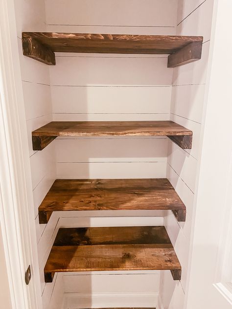 Small Hallway Pantry Ideas, Hallway Closet Pantry Ideas, Small Farmhouse Pantry Ideas, Butcher Block Pantry Shelves, Diy Pantry Shelves Small Closet, Pantry Wooden Shelves, Cheap Pantry Ideas, Pantry Shelves Wood, Pantry Shelf Ideas Diy