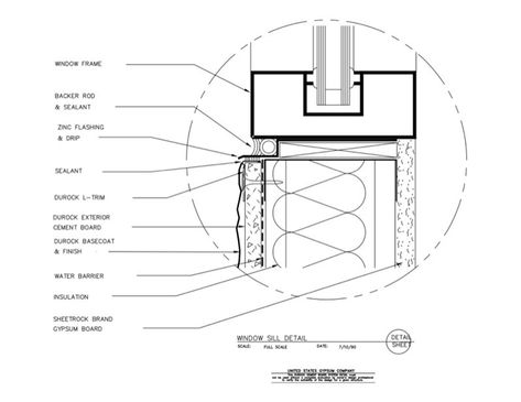 USG Design Studio | 09 21 16.03.121 DUROCK Window Sill Detail - Download Details Door Construction Detail Drawing, Window Jamb Detail, Door Details Drawing Architecture, Steel Connection Detail, Door Section Detail Drawing, Door Detail Drawing Architecture, Glass Door Detail Drawing, Drywall Detail, Door Jamb Detail