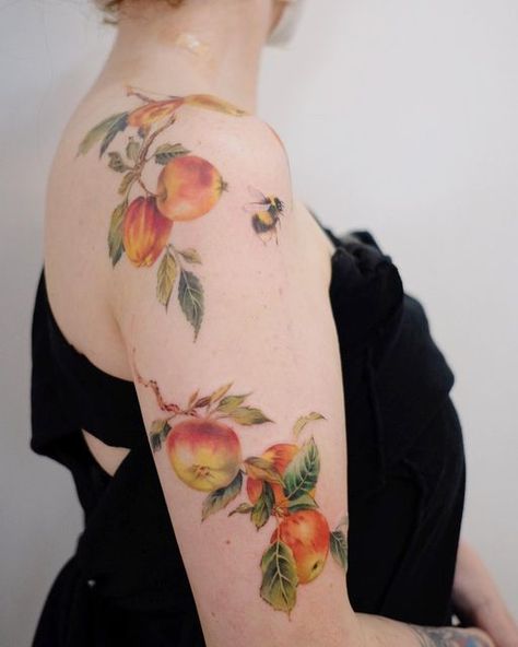 Brambley Hedge Tattoo, Crabapple Tattoo, Tree Branch Shoulder Tattoo, Apple Tree Branch Tattoo, Apple Branch Tattoo, Traditional Apple Tattoo, Smallish Tattoos, Apple Tree Tattoo, Tatoos Men Ideas