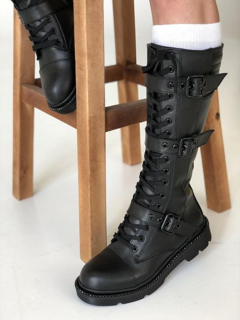 Leather black boots Combat boots womens Gothic military steampunk boots Knee high boots - Leather Black Boots, Steampunk Boots, Boots Combat, Boots Knee High, Womens Combat Boots, Black Combat Boots, Military Boots, Boots Womens, Boots Knee