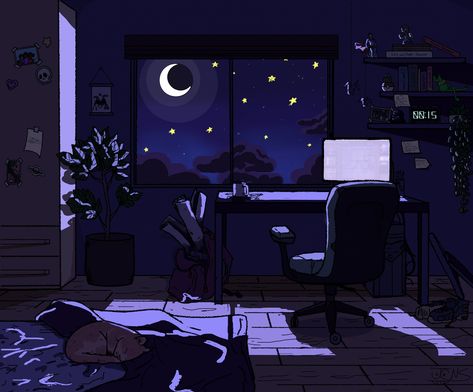 Night Time  digital art by me Madara Wallpaper, Lo-fi Aesthetic, Wallpaper Estetika, Bedroom Drawing, 8bit Art, Anime Backgrounds Wallpapers, Anime Aesthetic, Anime Scenery Wallpaper, Night Aesthetic