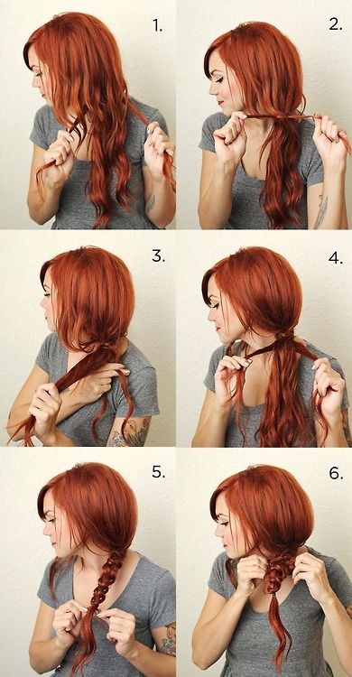 not braid: Step 1: Bring all your hair to one side of your head and grab a section from the back. Divide it into two pieces. Step 2: Wrap the pieces around the outside of the hair and tie in a knot. Step 3-4: After the knot is tied, take the two pieces behind the larger section of hair and criss-cross them. Add a small section to each piece so they remain long and wrap and tie. Step 5: Continue knotting and bringing the pieces to the back, adding a .. Fantastic Hairstyles, Woman With Red Hair, Dunner Wordend Haar, Super Easy Hairstyles, Knot Braid, Messy Braids, Regrow Hair, Easy Updos, Fishtail Braid