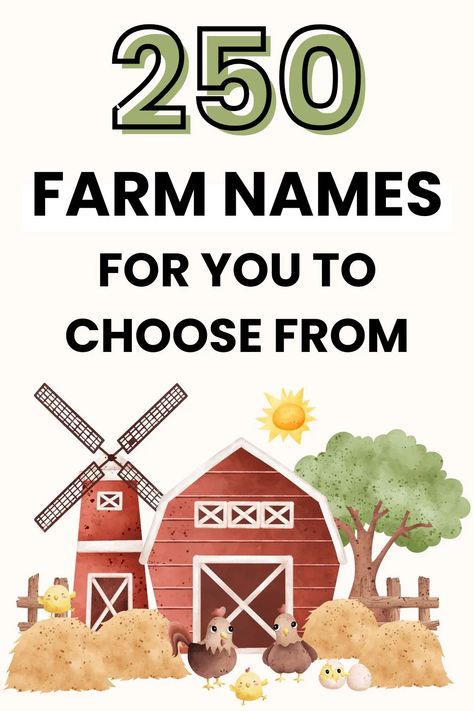 Looking to name your agricultural business? We've got you covered! Check out our list of 250 memorable farm business name ideas. From clever puns to unique word play, there's something for every farm owner! Farmers Market Name Ideas, Small Farm Business Ideas, Hay Day Farm Name Ideas, Names For Farms, Egg Business Names, Naming Your Farm, Funny Farm Names, Country Business Names, Farm Names Unique