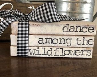 Into Books, Shabby Chic Decor Bedroom, Farmhouse Books, Buffalo Plaid Ribbon, Chic Bedroom Decor, Black And White Gingham, Wood Book, Shabby Chic Farmhouse, Book Stamp