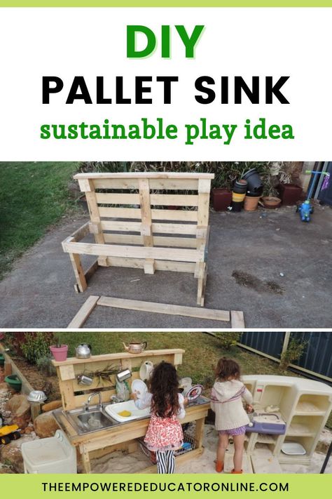 Pallet Sink, Kids Sink, Outdoor Play Kitchen, Mud Kitchen For Kids, Pallet Kids, Outdoor Play Space, Outdoor Play Spaces, Backyard Kids Play Area, Diy Mud Kitchen