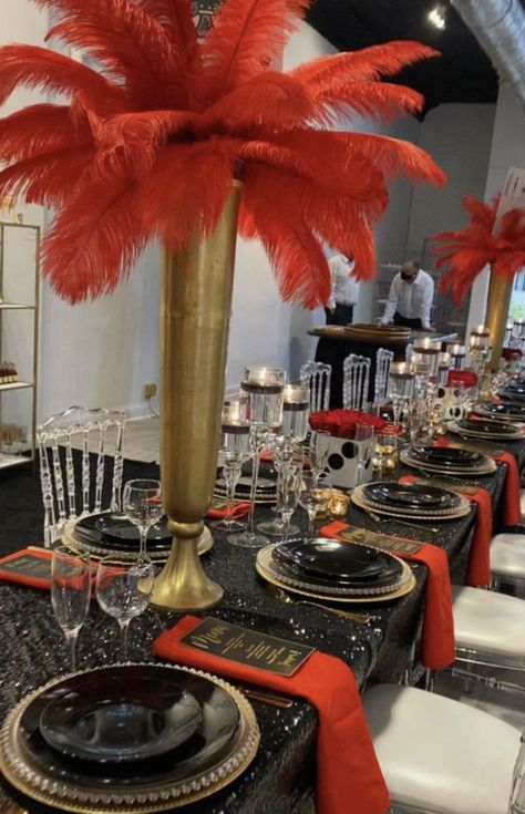 Red And Black Dinner Party Ideas, Elegant Red Black And Gold Party Decorations, Harlem Nights Theme Party For Men, Great Gatsby Casino Themed Party, Mens Dinner Party Decor, Black Red Gold Birthday Party Ideas, Vegas Bday Party Ideas, Red And Black Elegant Party, Red And Black Mens Birthday Party