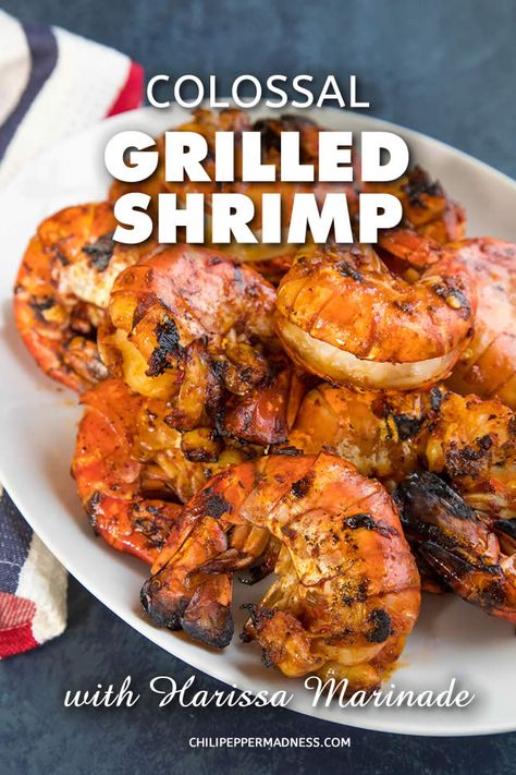 Colossal Grilled Shrimp with Harissa Marinade - Get your grills ready for this recipe of very large succulent shrimp that have been marinated in flavorful harissa, then grilled to perfection. They're super tender and huge on flavor. #Shrimp #GrilledShrimp #Grilling #SummerFood #Seafood #Dinner #Harissa #Shellfish #SpicyFood #Spicy via @jalapenomadness Large Shrimp Recipes Grilled, Grilled Large Shrimp, Colossal Shrimp Recipe Dinners, Large Prawn Recipes, Colossal Shrimp Recipe, Grilled Shellfish, Harissa Marinade, Colossal Shrimp Recipes, Seafood Board