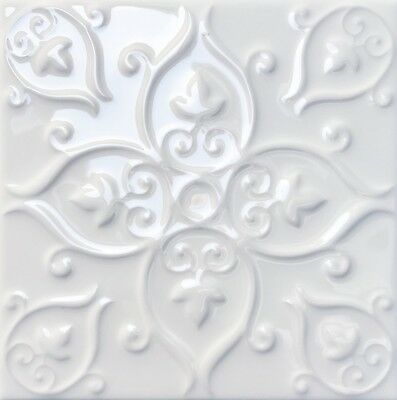 White victorian style raised pattern patchwork Marazzi wall tiles SAMPLE 5226S | eBay Designing Kitchen, Airbnb Interior, Embossed Tile, Patterned Wall Tiles, Fireplace Tiles, Caravan Ideas, Mosaic Tile Stickers, Stair Stickers, White Wall Tiles