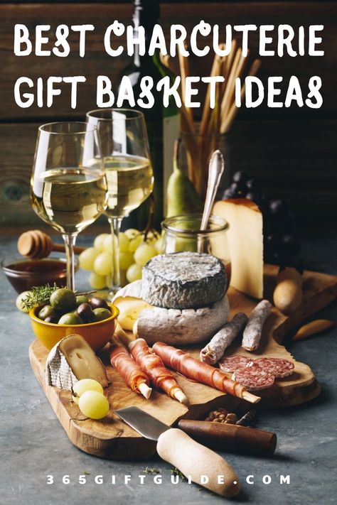 A charcuterie gift basket is a great idea for meat and cheese lovers and foodies. It contains everything for a delightful evening at home. This selection of charcuterie gift baskets is gorgeous and thoughtful. #gifts #giftshop #giftidea #giftideas #gift #charcuterie #giftbasket #charcuteriegiftbasket #charcuteriegiftbasketideas #charcuteriebox Charcuterie Board Gift Accessories, Gift Basket Charcuterie Board, Gift Basket Ideas Charcuterie, Christmas Charcuterie Gift Basket, Charcuterie Themed Gift Basket, Gifting A Charcuterie Board, Cheese Board Gift Basket Diy, Wine Cheese Basket Gift Ideas, Appetizer Gift Basket Ideas