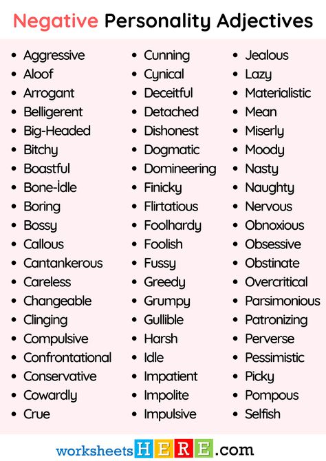 Negative Personality Adjectives Words List PDF Worksheet For Kids and Students - WorksheetsHere.com Negative Words List, Personality Adjectives Worksheets, Adjective Word List, Negative Adjectives, Personality Adjectives, Writing Expressions, Adjective Words, Words List, English Adjectives