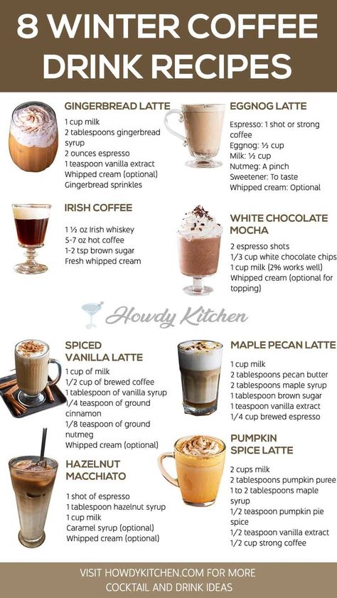 Winter coffee drinks including Eggnog Latte and White Chocolate Mocha, garnished with whipped cream and festive toppings for a perfect seasonal treat. French Press Iced Coffee Recipes, Gingerbread Iced Coffee, Easy Hot Coffee Recipes, Warm Coffee Recipes, Fancy Coffee Recipes, Iced Coffee Flavor Ideas, Coffee Recipes With Syrup, Hot Coffee Recipes At Home Easy, Coffee Shop Drink Ideas