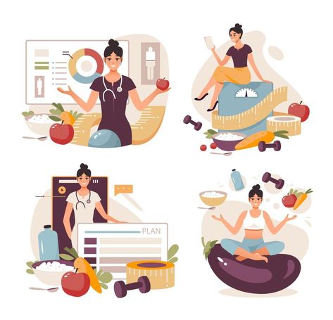 Nutritionist concept. Weight loss program and diet plan. Diet therapy with healthy food and physical activity. Flat vector illustration Weight Pictures, Flat Vector Illustration, Lifestyle Illustration, Sports Pictures, Flat Vector, Physical Activity, Editorial Illustration, Physical Activities, Health And Nutrition