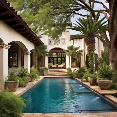 Mediterranean inspired oasis Mediterranean House With Pool, Courtyard Design With Pool, Swimming Pool Mediterranean, Mediterian Houses Italian Style, Spanish Swimming Pool, Mediterranean Guest House, Spanish House Pool, Big Mediterranean House, Classic Mediterranean Homes