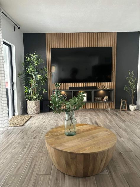 Living Room Designs Slat Wall, Lounge With Wood Panelling, Wooden Slat Wall Interiors Living Room, Living Room Slats, Wood Planked Walls, Long Narrow Living Room Accent Wall, Wood Slat Tv Wall Design, Timber Slat Tv Wall, Open Wall Living Room