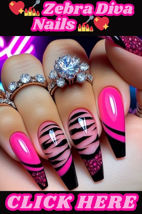 Add a touch of fierce to your feminine style with these bold pink and black zebra stripe nails! Click to explore more bold and sassy nail art ideas on my website.nailart,nails,naildesigns,nailinspo,manicure,beauty,fashion,style,gelnails ,acrylic nails,nailartdesigns,geometricnails,floralnails,frenchmanicure,ombrénails ,marblenails,summernails,winternails,holidaynails,weddingnails,valentinesnails ,rednails,pinknails,bluenails,nudenails,blacknails,springnails Mahogany Nails, Princess Nail Designs, Zebra Stripe Nails, Fancy Nail Art, Neon Nail Designs, Romantic Nails, Sassy Nails, Gold Glitter Nails, Diva Nails