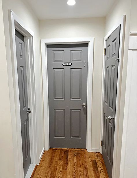 Painting Interior Doors Gray, Small House Interior Door Color, Doors Colors Interior Indoor, Gray Trim And Doors Interior, Paint Hallway Doors, Door Paint Colors Interior, Interior Doors Colors Ideas, Interior Door Painting Ideas, Bedroom Door Colors