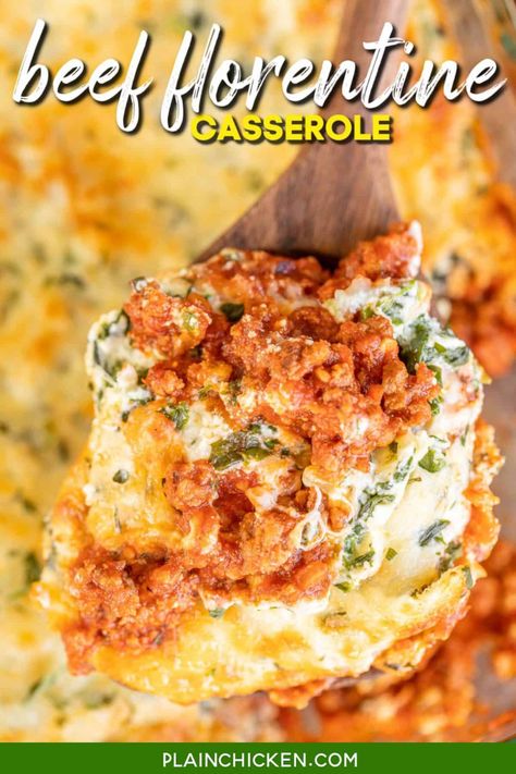 Beef Florentine Casserole - Plain Chicken Beef Florentine, Chicken Dumpling Casserole, Hot Chicken Salads, Italian Meat Sauce, Spinach Casserole, Italian Meats, Spinach Ricotta, Plain Chicken, Homemade Italian