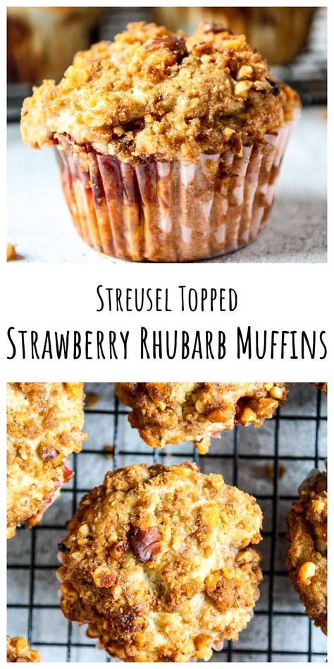 Strawberries and rhubarb are a classic and delicious combo in these easy to make, moist and delectable muffins with a crunchy cinnamon streusel topping. Easy Rhubarb Recipes, Strawberry Rhubarb Muffins, Strawberry Rhubarb Recipes, Homemade Muffins Recipe, Cinnamon Streusel Topping, Rhubarb Muffins, Rhubarb Desserts, Cinnamon Streusel, Muffin Streusel