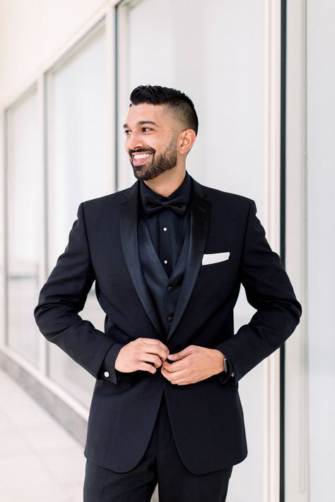 Groom in black on black friar tux tuxedo  | HOTEL IRVINE WEDDING BREANA AND KIRK - Orange County Wedding Photographer Carrie Mcguire Photography Groomsmen Attire Black, All Black Tuxedo, Black Tuxedo Wedding, Groom Vest, Wedding Suits Men Black, Black Men Suits, Black Tuxedo Suit, All Black Suit, Wedding Tux