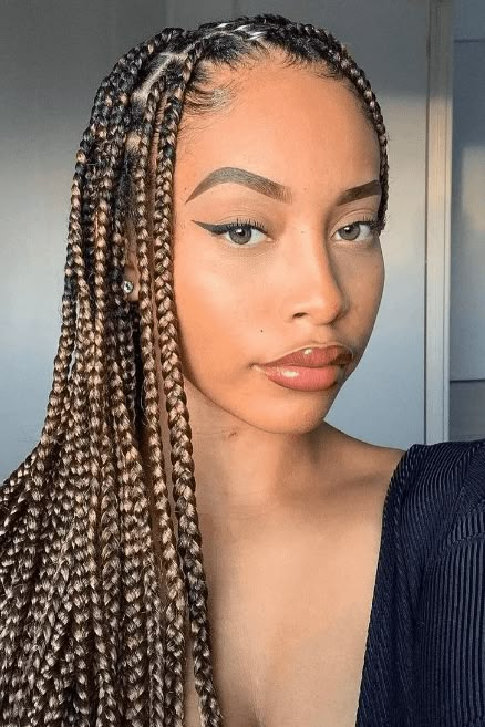 box braids, hairstyles, hair trends Box Braids Mid Back Length, Highlighted Box Braids, Blonde Ombre Box Braids, Box Braids Ombre, Box Braids Highlights, Box Braids Medium Size, White Girl With Box Braids, Mid Back Braids, Dark Blonde Braids