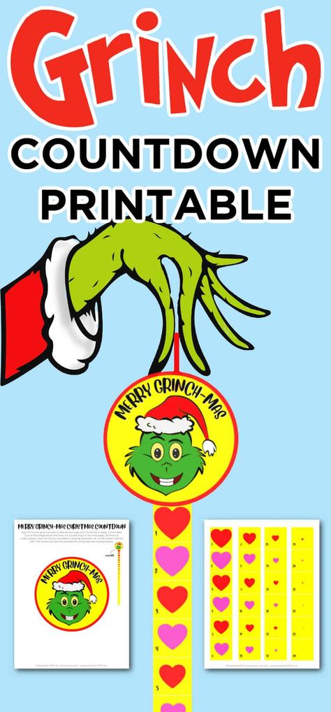 Grinch Christmas Countdown, Countdown Paper Chain, Grinch Heart Grew, Grinch Printable, Christmas Countdown Printable, Countdown Activities, Grinch Heart, Whoville Christmas, The Grinch Christmas