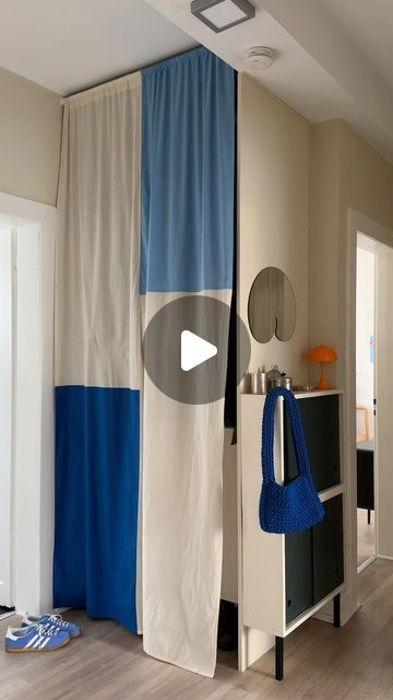 Antonia Schmitz // craftifair on Instagram: "DIY color blocking curtain 🟦◻️ Curtains are such a nice and easy way to cover messy corners or your entire wardrobe. For this one I sewed 4 pieces of cotton fabric together. I was inspired by the korean pojagi technique so it looks nice from both sides.   #diyhome #doityourselfproject #pojagicurtain #diycurtains #smallhallway #myhomestyle #myhometoinspire #interiorinspirations #colorfulhome" Curtain Over Wardrobe, Blanket Curtains Diy, Pojagi Technique, Wardrobe Curtain, Korean Pojagi, Curtain Wardrobe, Small Hallways, Instagram Diy, Diy Curtains