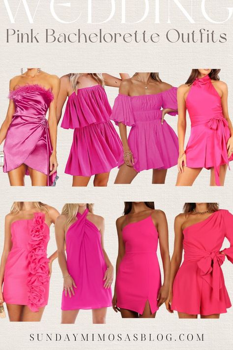 Pretty in Pink Bachelorette Party Inspiration! I know the Barbiecore & Barbie bachelorette party theme is so trendy right now, so here are a few of our favorite hot pink bachelorette party outfits! These dresses would be perfect for a Vegas or Nashville bachelorette! Las Vegas, Barbie Pink Bachelorette Outfits, Bachlorette Party Pink Outfit, Pink Theme Outfit Party Ideas, Hot Pink Going Out Outfit, Pink Vegas Dress, Barbie Pink Dresses, Pink Dresses Bachelorette Party, Pink Outfit For Bachelorette Party