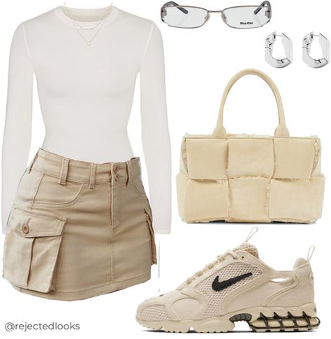 Cargo Skirt Inspo Outfit, Mini Skirt Cargo Outfit, Outfit With Beige Skirt, Mini Cargo Skirt Outfit Winter, Cargo Skirt Fall Outfit, Tan Cargo Skirt Outfit, How To Style A Cargo Skirt, Beige Cargo Skirt Outfit Y2k, Aesthetic Cargo Skirt Outfit