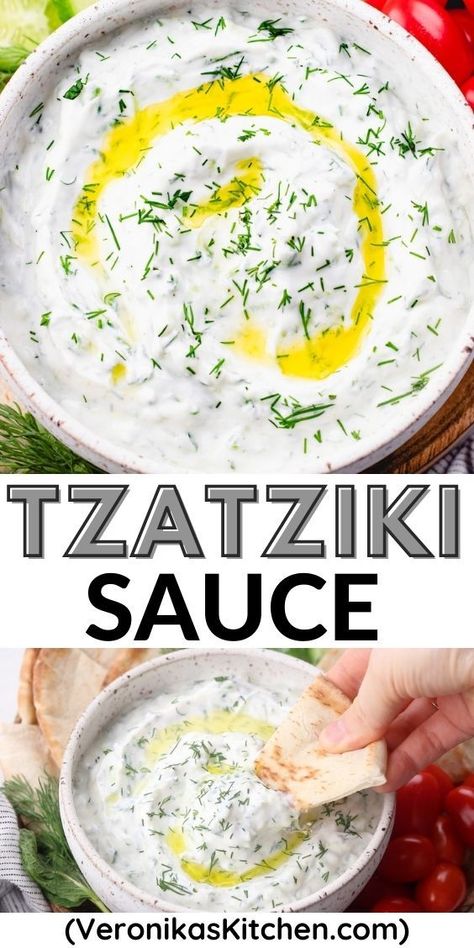 Tzatziki sauce, topped with dill and olive oil, in a bowl. Zaziki Sauce Greek Yogurt, Diy Tzatziki Sauce, Dill Greek Yogurt Dip, Tsatsiki Recipe Greek Yogurt, Greek Yourgut Recipe, Giros Greek Recipe, Taziki Sauce Recipe, Greek Dinner Ideas, Healthy Tzatziki Sauce