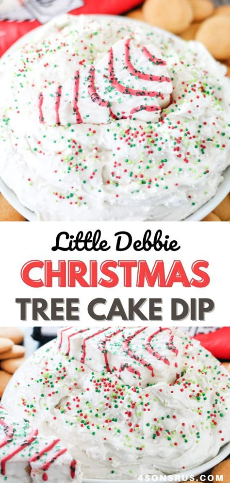 Little Debbie Christmas tree cake dip is the latest delicious trend to take the internet by store. This festive dip combines the popular snack cake with a creamy sweet dessert dip to make the most fun treat of the holiday season! #Christmas #dessert #recipe #christmasdessert Little Debbie Christmas Tree Cheesecake Dip, Christmas Tree Snack Cake Dip, Christmas Tree Little Debbie Dip, Christmas Tree Dip Little Debbie Recipe, Christmas Tree Cake Dip Little Debbie, Christmas Cake Dip Recipe, Christmas Tree Snack Cakes, Lil Debbie Christmas Tree Cake Dip, Little Debbie Christmas Cake Recipes