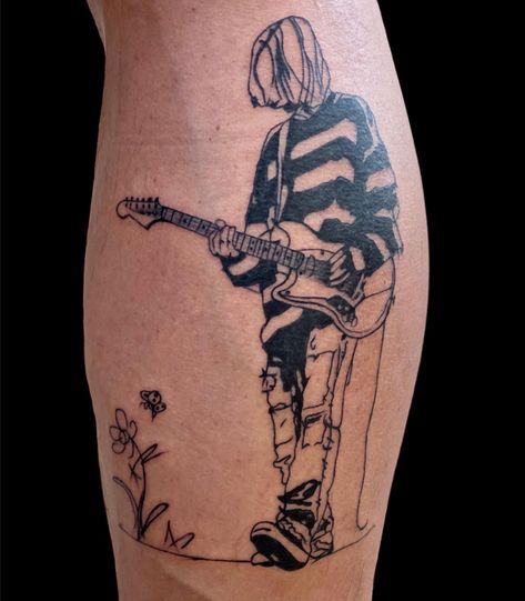 Kurt Cobain Quotes Tattoo, Nirvana Traditional Tattoo, Kurt Cobain Portrait Tattoo, Kurt Cobain Tattoo Design, Grunge Music Tattoo, Tattoo Ideas Nirvana, 90s Grunge Tattoo, Rock Star Tattoos, Kurt Cobain Tattoo Ideas