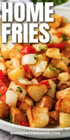 Air Fryer Home Fries are perfectly seasoned with olive oil, seasoned salt & garlic powder, then air fried until crispy. Enjoy these home fries with eggs and bacon or sausages! #spendwithpennies #airfryerhomefries #recipe #crispy #hashbrowns #homefries Homefries In The Air Fryer, Homefries Recipe Airfryer, Homefries Recipe, Air Fryer Hashbrowns, Air Fryer Home Fries, Fries Sauce, Crispy Hashbrowns, Eggs And Bacon, Summer Salads With Fruit