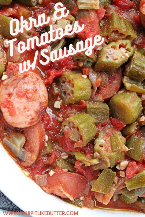 Okra and Tomatoes with Sausage is a spin-off of the popular dish okra and tomatoes. Serve over rice to create a complete meal packed with vegetable goodness. Easy Sausage Gumbo, Stewed Tomatoes And Okra Recipe, Okra And Tomato Recipe, Gumbo Recipe Okra, Okra Soup Recipe, Okra Gumbo, Okra Stew, Okra And Tomatoes, Sausage Recipes For Dinner