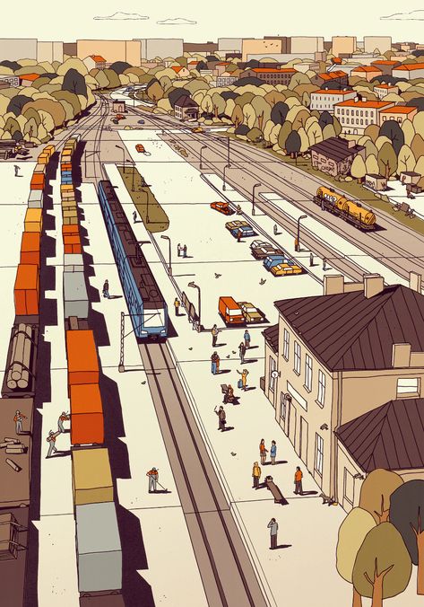 ArtStation - Chojny Train Station, Krzysztof Nowak Train Station Concept Art, Train Station Drawing, Train Concept Art, Train Station Illustration, Train Station Aesthetic, Train Drawing, Train Illustration, Train Station Architecture, City Cartoon