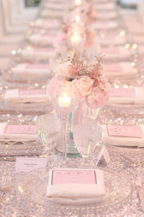 Photography: Amalie Orrange Photography - amalieorrangephotography.com  Read More: http://www.stylemepretty.com/2014/08/01/glitter-and-blush-winter-park-wedding-at-casa-feliz/ Wedding Table Pink, Pink Wedding Receptions, Light Pink Wedding, Pink Wedding Theme, Rose Centerpieces, Sparkly Wedding, Pink Wedding Dresses, Table Runners Wedding, Blush Pink Weddings