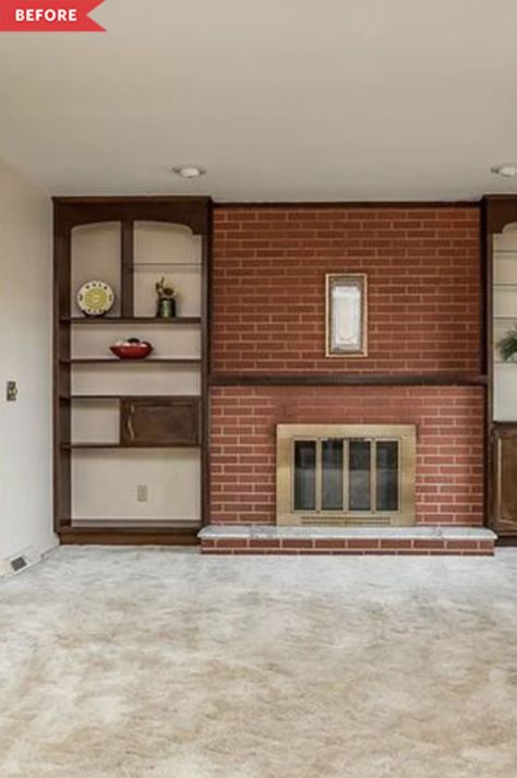 Brick Fireplace With Shelves On Side, Brick Fireplace Insert, Red Brick Fireplace Ideas, Painting Brick Fireplace Black, Brick Fireplace Black, Brick Fireplace Redo, Painting Brick Fireplace, Den With Fireplace, Fireplace Insert Ideas