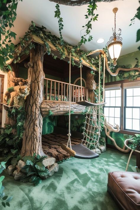 A jungle-inspired space with a green and brown color paletteIt includes an indoor treehousevine swings for playful adventuresand animal wall decals to complete the immersive jungle environment. Forest Theme Kids Bedroom, Treehouse Bedroom Ideas, Treehouse Themed Bedroom, Forest Theme Kids Room, Indoor Treehouse Playroom, Bedroom Ideas Forest, Green And Brown House, Bathroom Astethic, Kids Room Jungle Theme