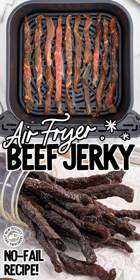 Air fryer beef jerky is a savory, lean snack enhanced by a blend of tangy, sweet, and spicy seasonings, offering a modern twist to a classic treat. Air Fryer Beef Jerky, Jerky Recipes Dehydrator, Jerkey Recipes, Air Fryer Beef, Homemade Beef Jerky, Pork Jerky, Homemade Jerky, Beef Jerky Recipes, Jerky Recipes