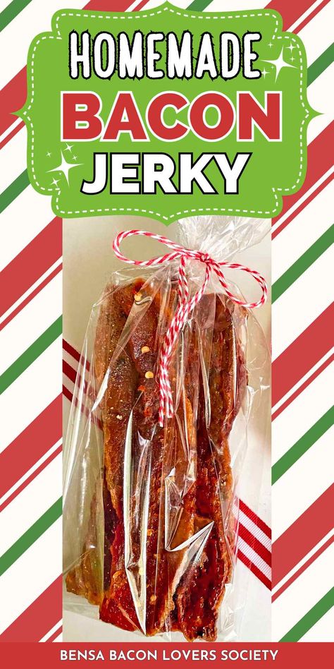 A package of homemade bacon jerky tied with a red and white string. Bacon Jerky In The Oven, Bacon Themed Food, Bacon Jerky Recipe Dehydrator, Jerky In The Oven, Diy Bacon, Jerky Recipes Dehydrator, Oven Jerky, Bacon Jerky, Bacon Gifts