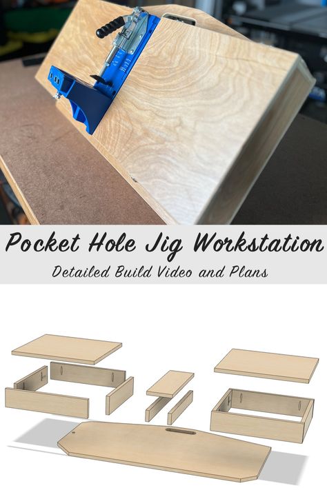 Create huge efficiencies in your workflow with this DIY Pocket Hole Jig Workstation. Increase your worksurface when drilling pocket holes into long boards; Add storage for all of the bits, screws, dust adaptors required for pocket holes. This is the perfect scrap wood project that uses less than 1/3 sheet of 1/2 inch plywood. Click on the link below to see all details of the project including a full build video, digital build plans, and all materials used to complete the project. Organizing Garage, Organize Garage, Scrap Wood Project, Kreg Jig Projects, Kreg Pocket Hole Jig, Joinery Tools, Pocket Holes, Workshop Projects, Long Boards