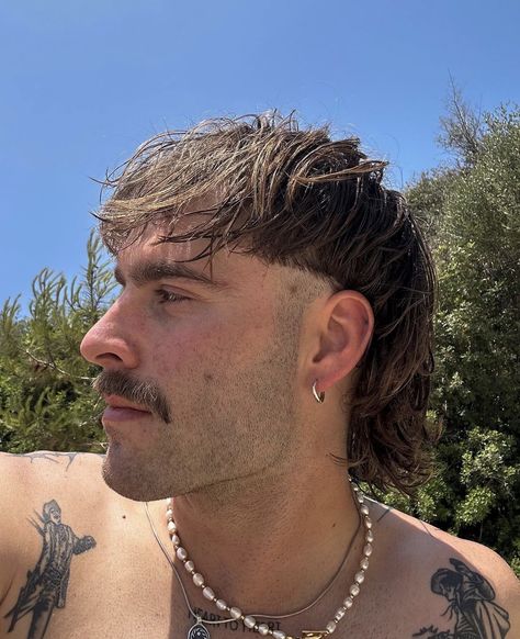 Men’s Modern Mullet Straight, Mullet Mustache Combo, Mullet And Moustache, Mullet And Mustache Aesthetic, Fringe Mullet Men, Mullets Men, Straight Mullet Men, Mullet Moustache, Mohawk Mullet Mens