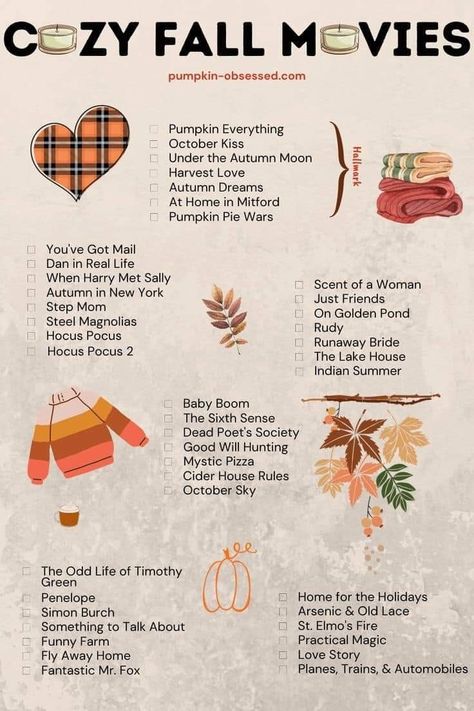 Fall Comfort Movies, Romantic Fall Movies, Fall Romcoms, Good Fall Movies, Cozy Autumn Movies, Autumn Movies List, Cozy Fall Movies, Fall Watchlist, Hallmark Fall Movies