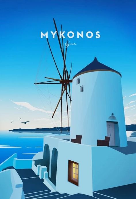 Mykonos ▪️Greece Travel Signs, Adventure Poster, Greece Painting, Wanderlust Decor, Europe City, Travel Globe, Art Deco Buildings, Retro Travel Poster, Mykonos Greece