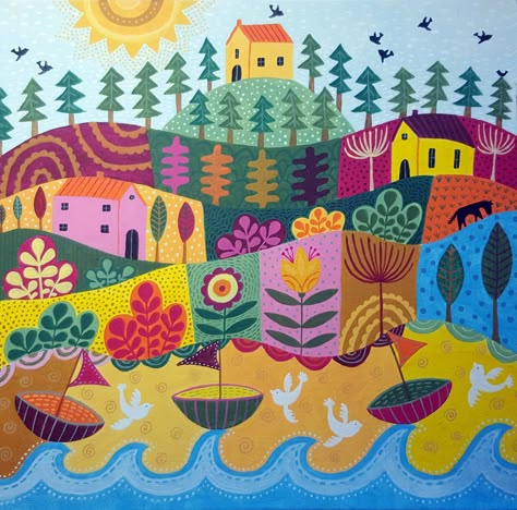 Folk Art Landscape - acrylic on canvas by Suzy Taylor Modern Folk Art Painting, Folk Art Landscape, Contemporary Folk Art, Naive Painting, Modern Folk Art, Landscape Acrylic, Folk Art Flowers, Boat Painting, Colorful Ceramics