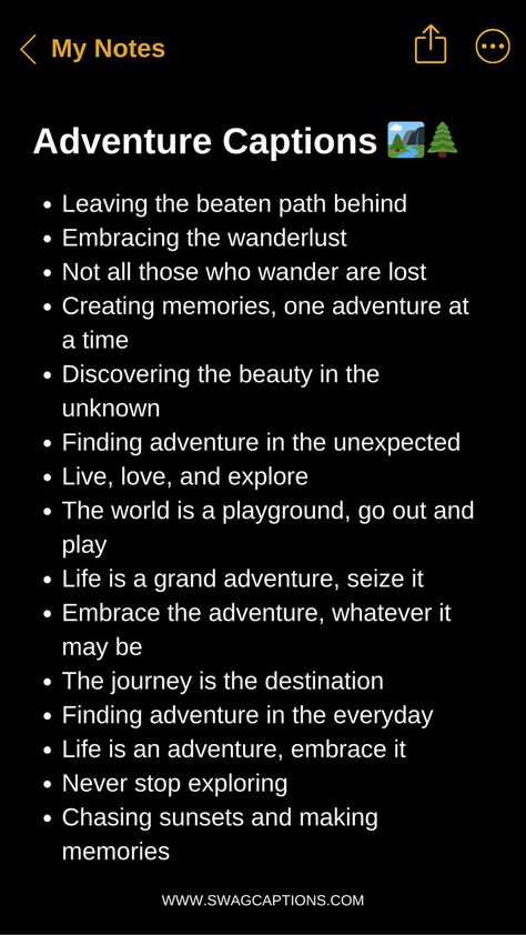 Embark on a journey of words with Adventure Captions For Instagram! Whether you're scaling mountains or exploring new horizons, find the perfect caption to capture the essence of your daring escapades. From adrenaline-fueled moments to serene landscapes, ignite wanderlust in your followers with our collection of epic adventures in every line. Let your stories unfold and your captions inspire as you embrace the spirit of adventure on every post! Adventure Captions For Instagram, Camping Quotes Friends, Funny Camping Quotes, Adventure Captions, Walking Quotes, Mountain Quotes, Nature Quotes Adventure, Inspirational Funny, Quotes Nature