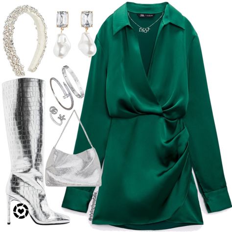 Green Dress Silver Accessories, Satin Dress With Boots, Emerald Green Skirt Outfit, Green Satin Dress Outfit, Emerald Green Dress Outfit, Silver Knee High Boots, Dress With Knee High Boots, Green Skirt Outfits, Emerald Green Satin Dress