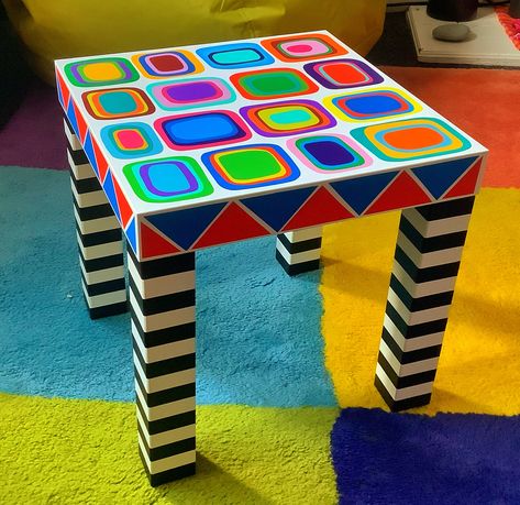 Painted Table Top Designs Diy, Painted Kids Table, Hand Painted Coffee Table, Painted Table Tops, Lack Table, Ikea Lack Table, Painted Stools, Whimsical Painted Furniture, Revamp Furniture